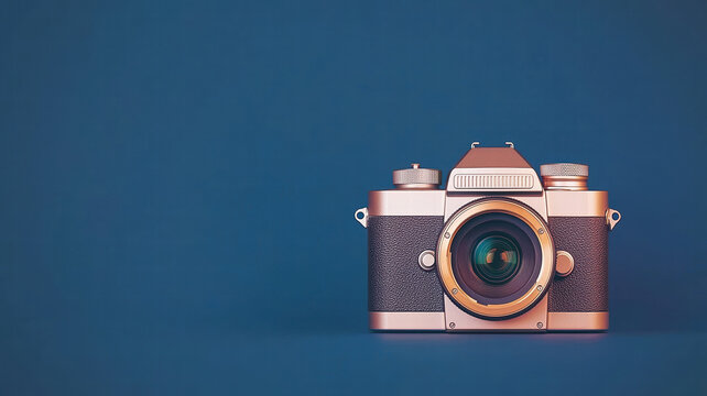 metallic silver camera with lens on blue background, showcasing its sleek design and vintage style. This captures essence of photography and creativity - Powered by Adobe