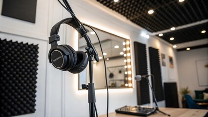 A clean contemporary studio setup featuring a black-and-white color scheme with DJ headphones