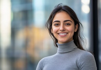 Fototapeta premium Young woman smiling confidently outdoors in urban setting, wearing a stylish turtleneck sweater, enjoying a bright day with blurred city background highlighting modern architecture.