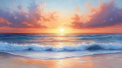 Fototapeta premium Ocean sunset, waves on sandy beach.
