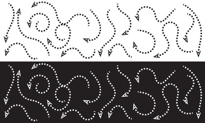 Clean dot style hand drawn doodle arrows set. Clean dot arrows style doodle set hand drawn. Curve Dotted line, preliminary. isolated on white and  black background. EPS 10
