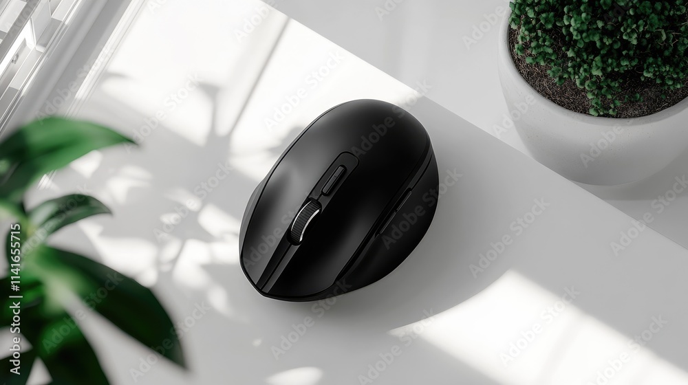 Poster a high-quality image of a black wireless mouse isolated on a clean white background, perfect for pro