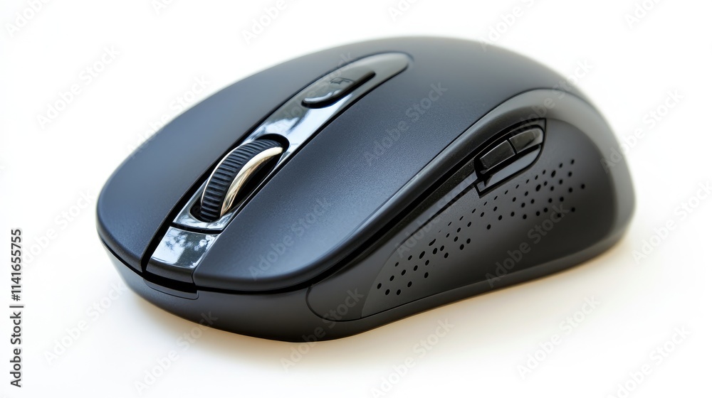 Poster a high-quality image of a black wireless mouse isolated on a clean white background, perfect for pro