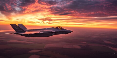 Fighting planes flying over the sky with clouds and sun in horizon, war and war machines technology of armies