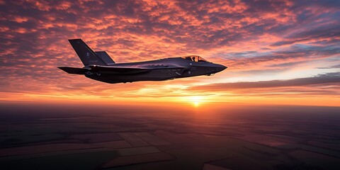 Fighting planes flying over the sky with clouds and sun in horizon, war and war machines technology...