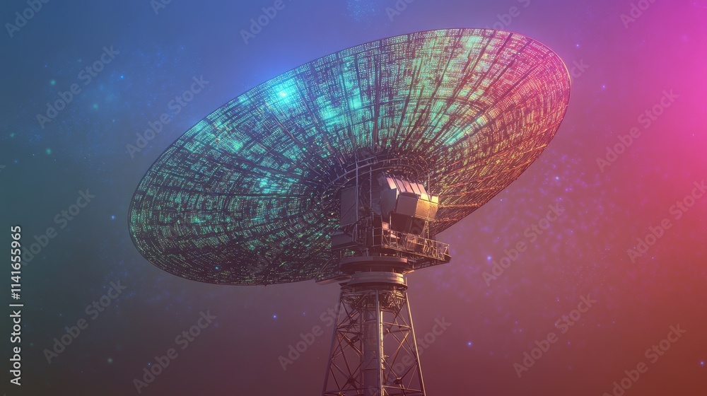 Poster a high-tech signal antenna with a digital data hologram, representing the modern era of broadcast tr