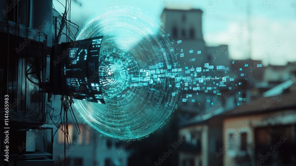 Poster a high-tech signal antenna with a digital data hologram, representing the modern era of broadcast tr