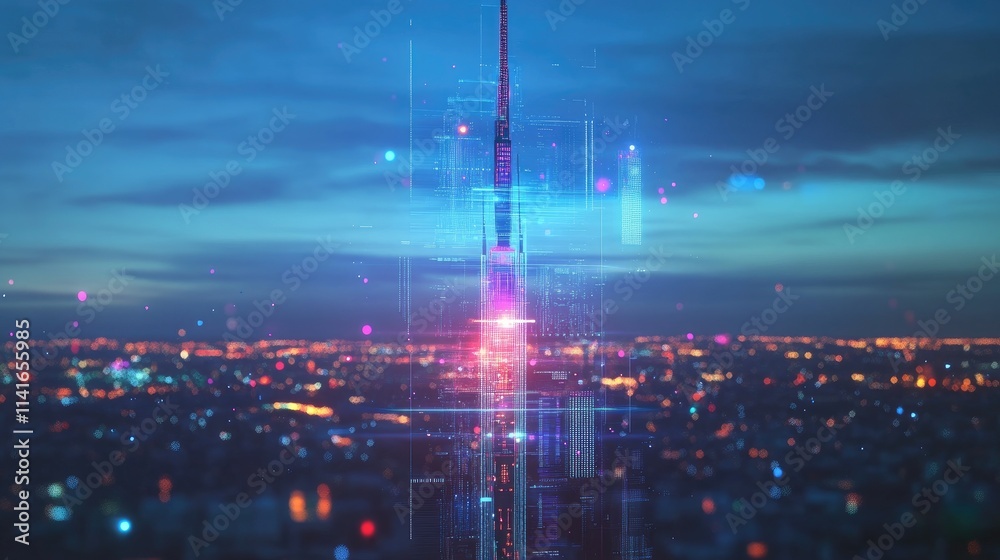 Aufkleber a high-tech signal antenna with a digital data hologram, representing the modern era of broadcast tr