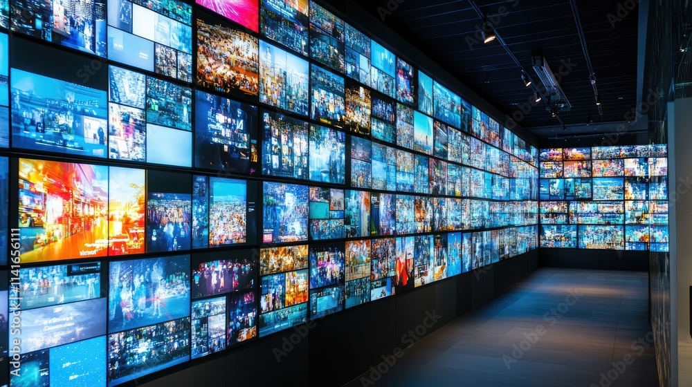 Poster a high-tech wall of video screens showing vibrant multimedia content, perfect for concepts related t
