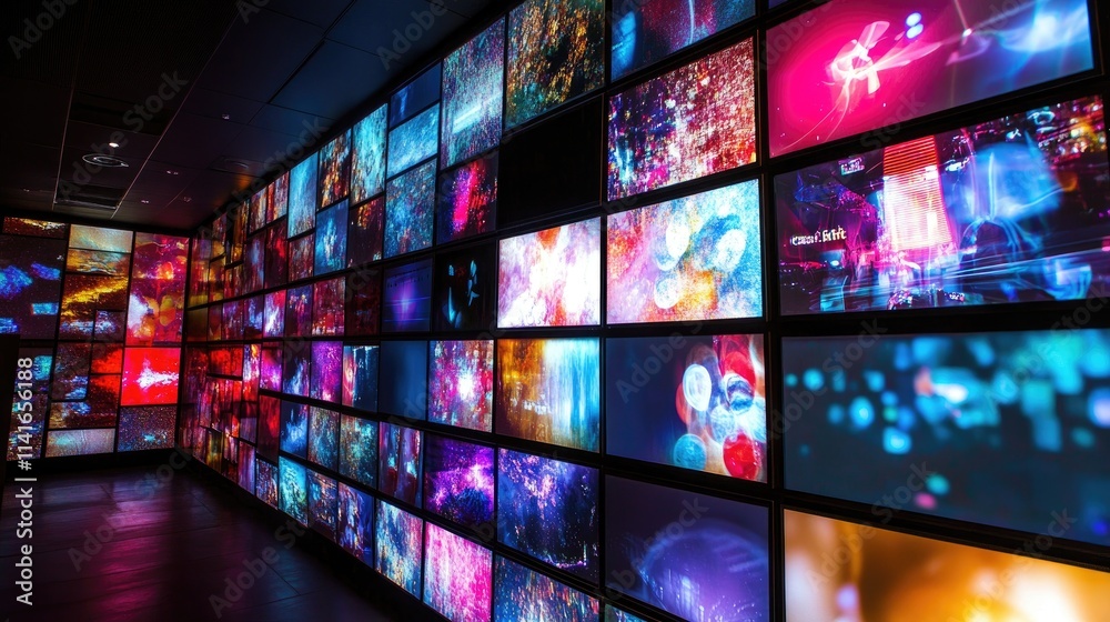 Poster a high-tech wall of video screens showing vibrant multimedia content, perfect for concepts related t