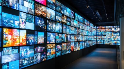 A high-tech wall of video screens showing vibrant multimedia content, perfect for concepts related to entertainment and digital information.
