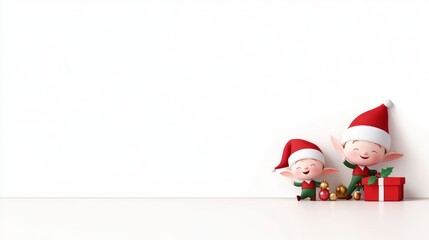 Two cheerful Christmas elves with gifts on a white background.