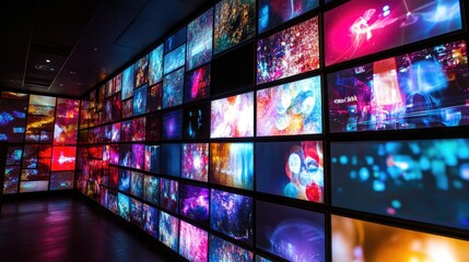A high-tech wall of video screens showing vibrant multimedia content, perfect for concepts related to entertainment and digital information.