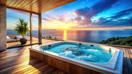 Fototapeta premium Indulge in a private, luxurious hot tub experience. Blue water awaits for ultimate relaxation and hydrotherapy.