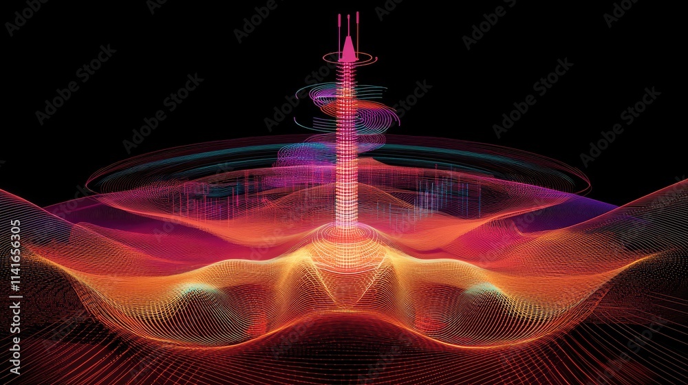 Poster A hologram of data lines surrounding a signal antenna, symbolizing communication and broadcasting in the digital age.