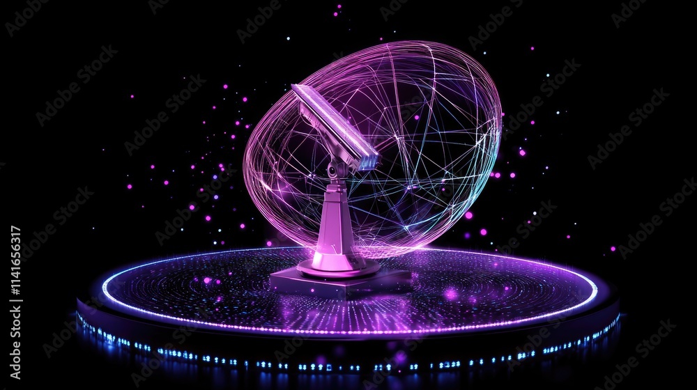 Poster A hologram of data lines surrounding a signal antenna, symbolizing communication and broadcasting in the digital age.
