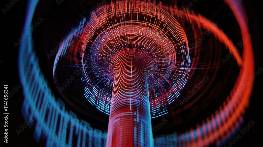 Poster A hologram of data lines surrounding a signal antenna, symbolizing communication and broadcasting in the digital age.