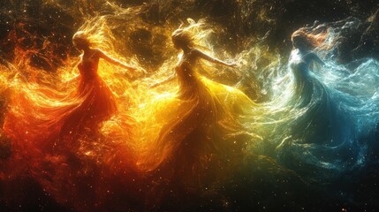 Three fiery women dance, cosmic energy flows.