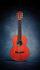 Naklejka premium vibrant red guitar stands against textured blue background, showcasing its elegant design and craftsmanship. deep mahogany tones enhance its visual appeal, making it striking piece