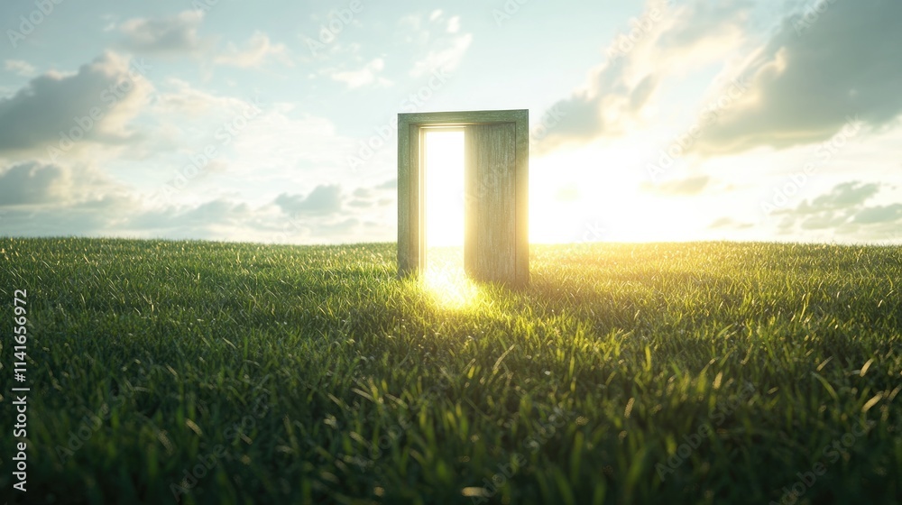 Poster a magical 3d render of an open door in a grassy field, with glowing light shining from the other sid