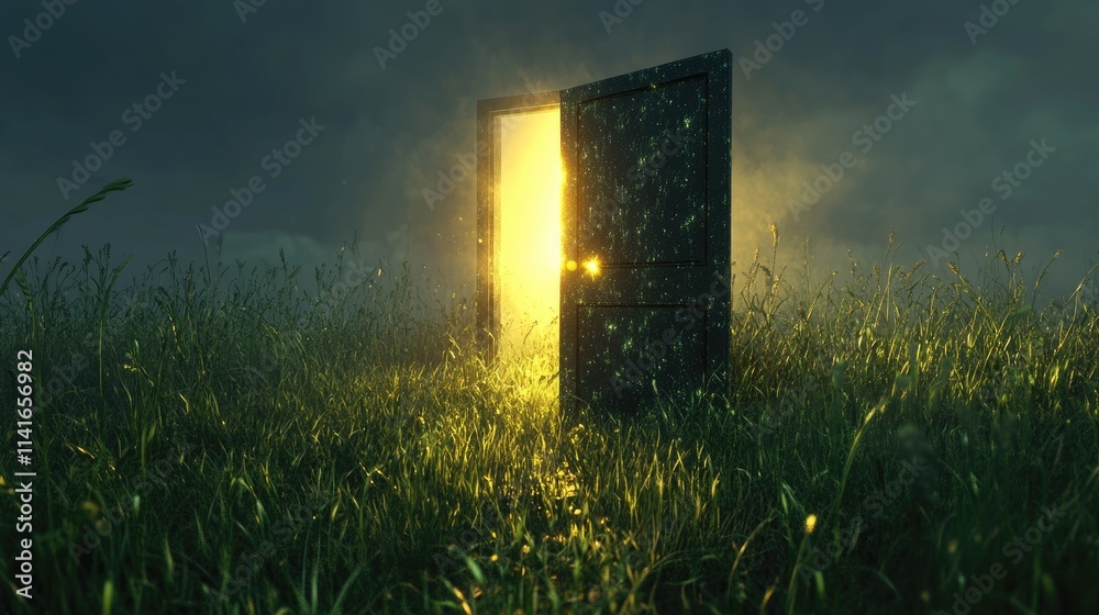 Poster a magical 3d render of an open door in a grassy field, with glowing light shining from the other sid