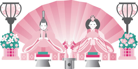 雛祭り　ひなまつり　人形　桃の節句　春　手描き　飾り　イラスト素材