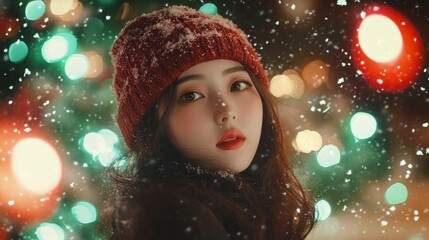 Young Woman Blowing Snow in winter park in the snow,Winter holidays concept,Young woman winter portrait,winter fairy tale,happy vacation,winter season,space for text.