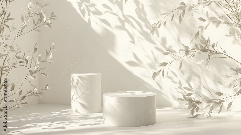 Poster a minimalist 3d background featuring white cylinder podiums and natural leaves, creating a peaceful 