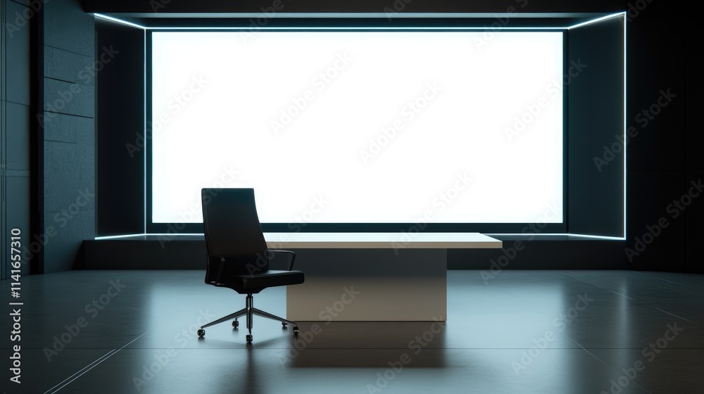 Poster a minimalist news studio with a white table and black chair in front of a large, blank led screen, r