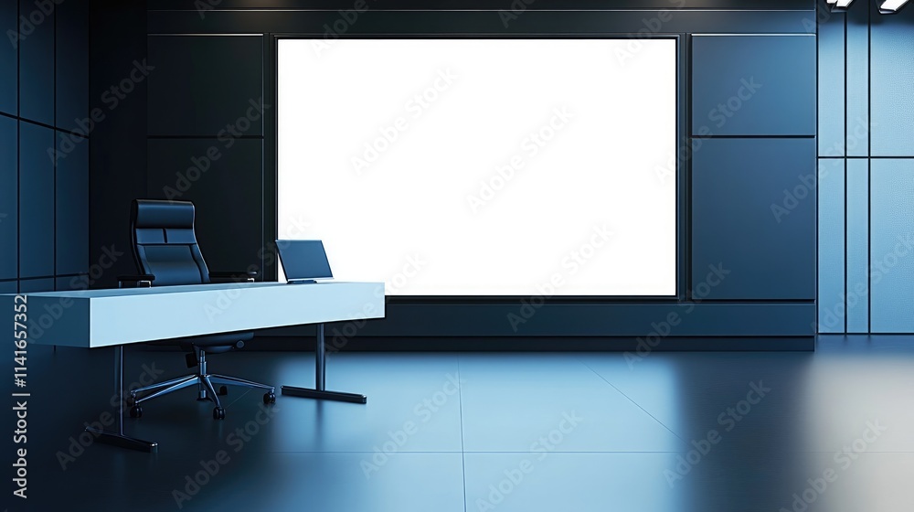 Poster a minimalist news studio with a white table and black chair in front of a large, blank led screen, r