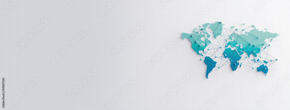 Poster map with connecting lines in gradient blue, showcasing global connections and networks. this design 