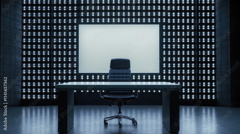 Poster a minimalist news studio with a white table and black chair in front of a large, blank led screen, r