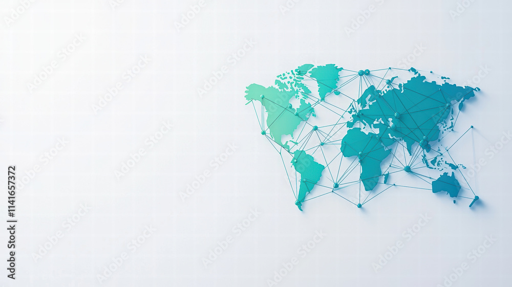 Poster world map with connecting lines in gradient blue, showcasing global connections and networks. this d