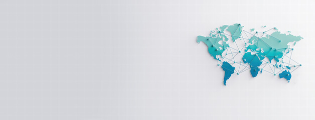 map with connecting lines in gradient blue, showcasing global connections and networks. This design emphasizes interconnectedness of regions and countries