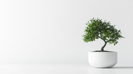 A minimalist shot of a bonsai plant in a white pot against a clean, white background, showcasing its delicate beauty. Perfect for home or wellness ads.