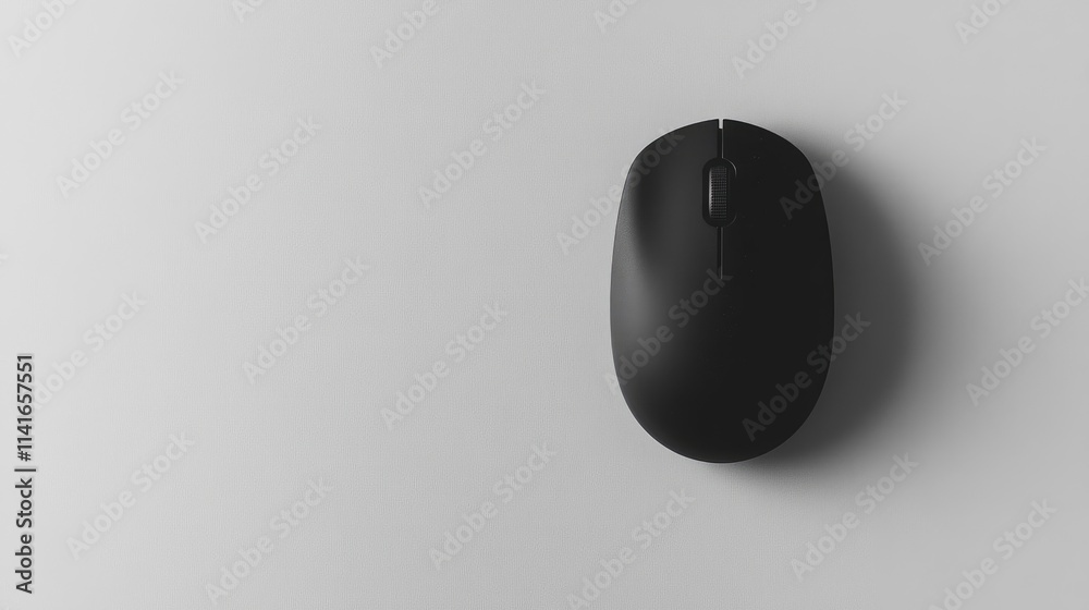 Poster A minimalistic image of a black wireless mouse, isolated on a white background with a perfect cutout for showcasing product design.