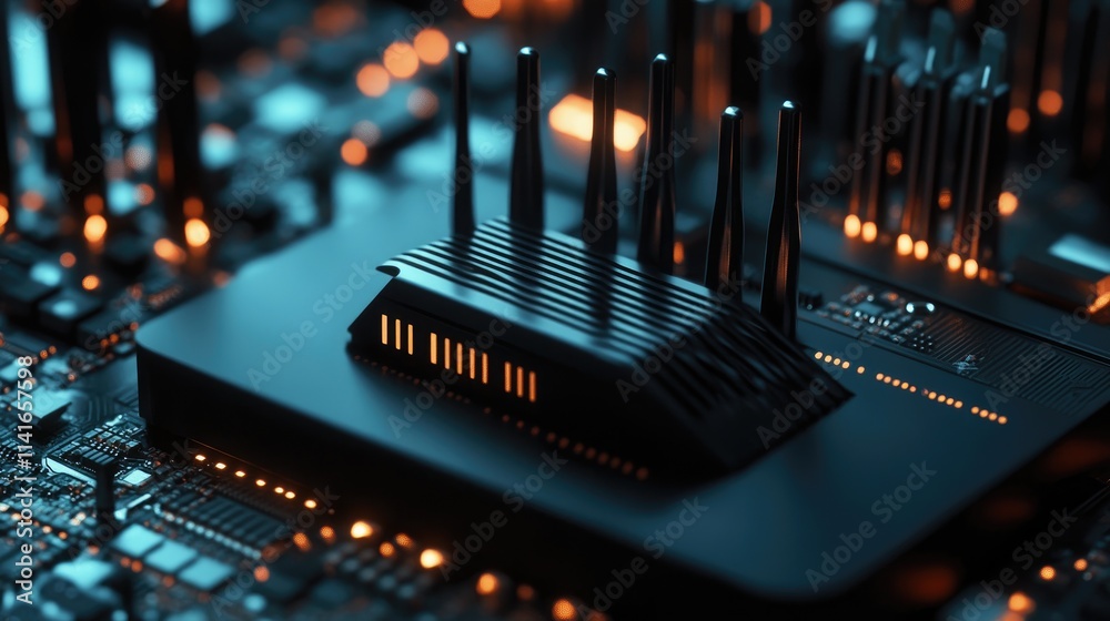 Poster a modern black wi-fi router placed above a motherboard, emitting wireless signals that symbolize int