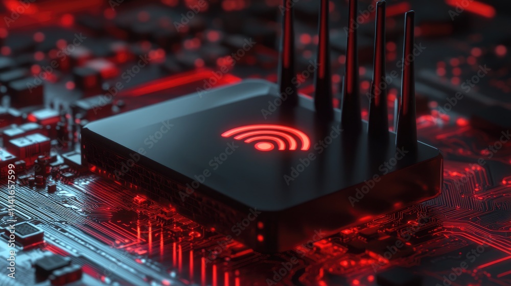 Poster a modern black wi-fi router placed above a motherboard, emitting wireless signals that symbolize int