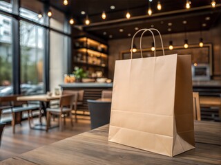 white paper shopping bag mockup on a table in restaurant 