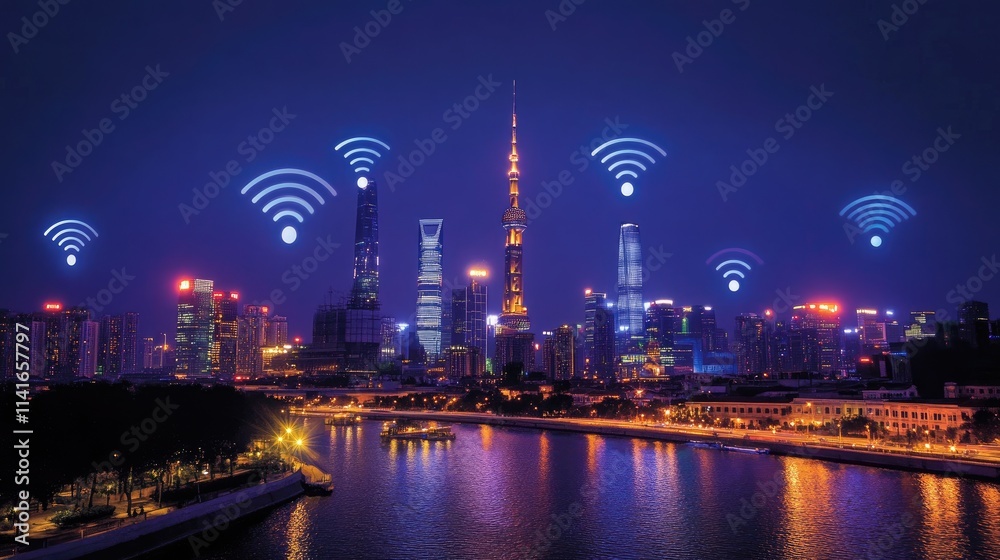 Poster A modern city illuminated with wireless network signals, demonstrating the integration of smart technology and connectivity in urban living.
