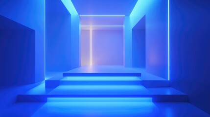 A modern blue podium under bright LED lights, set against a white room background with a futuristic feel. Perfect for product launches or tech-related events.