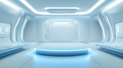 A modern blue podium under bright LED lights, set against a white room background with a futuristic feel. Perfect for product launches or tech-related events.