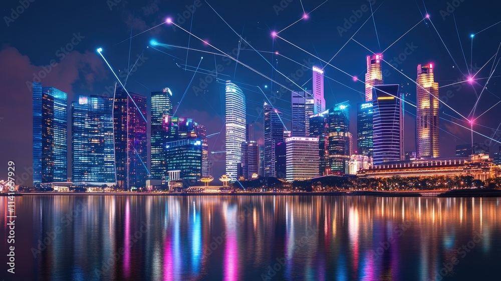 Poster a modern city skyline with glowing lines representing wireless network connections, symbolizing smar
