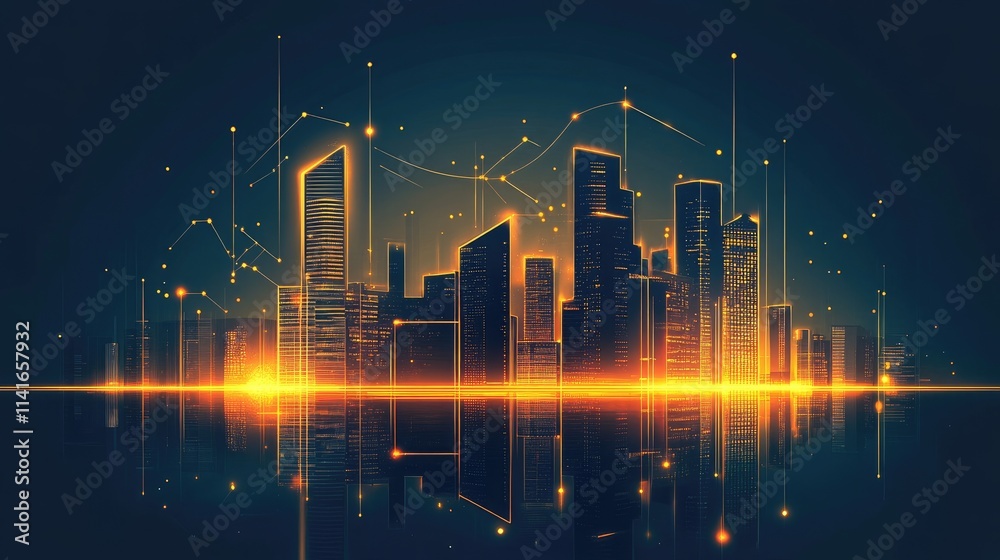 Poster a modern city skyline with glowing lines representing wireless network connections, symbolizing smar