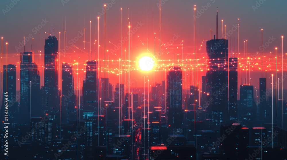 Poster a modern city skyline with glowing lines representing wireless network connections, symbolizing smar