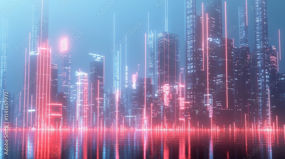 Poster a modern city with glowing lines representing wireless network connections, symbolizing the evolutio