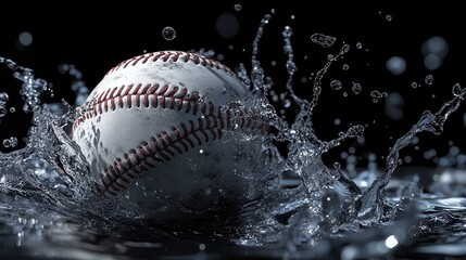 Baseball ball in splashing water on background,baseball ball splashing, and Flying,Closeup Baseball player hitting ball with bat,home run,baseball field with grandstand,sport day,space for text.