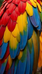 Fototapeta premium Vibrant Close-Up of Colorful Parrot Feathers in Red, Yellow, Blue, and Green – Macro Nature Photography phone wallpaper