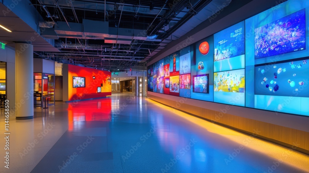 Poster a modern wall of video screens showcasing multimedia content in a digital environment, emphasizing t