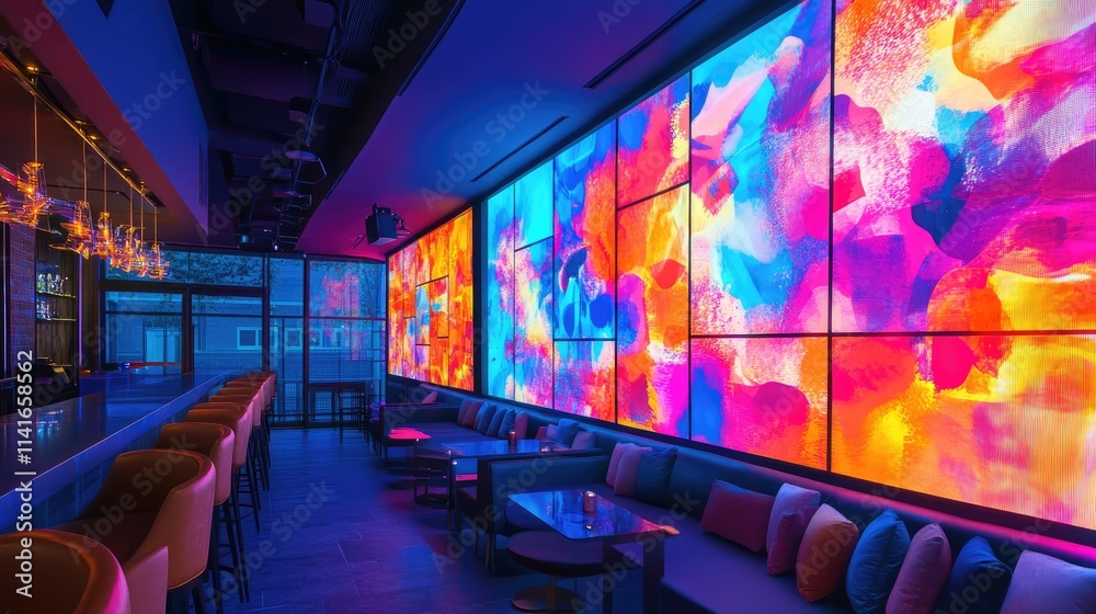 Poster a multimedia streaming wall with vibrant, colorful channel images, creating an engaging background f